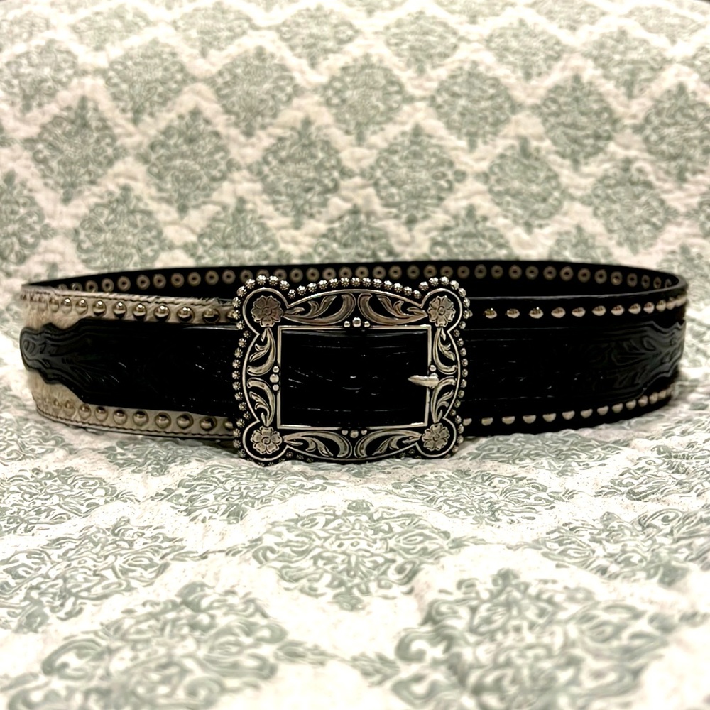 Nocona Black Western Tooled Leather Belt with Silver Buckle